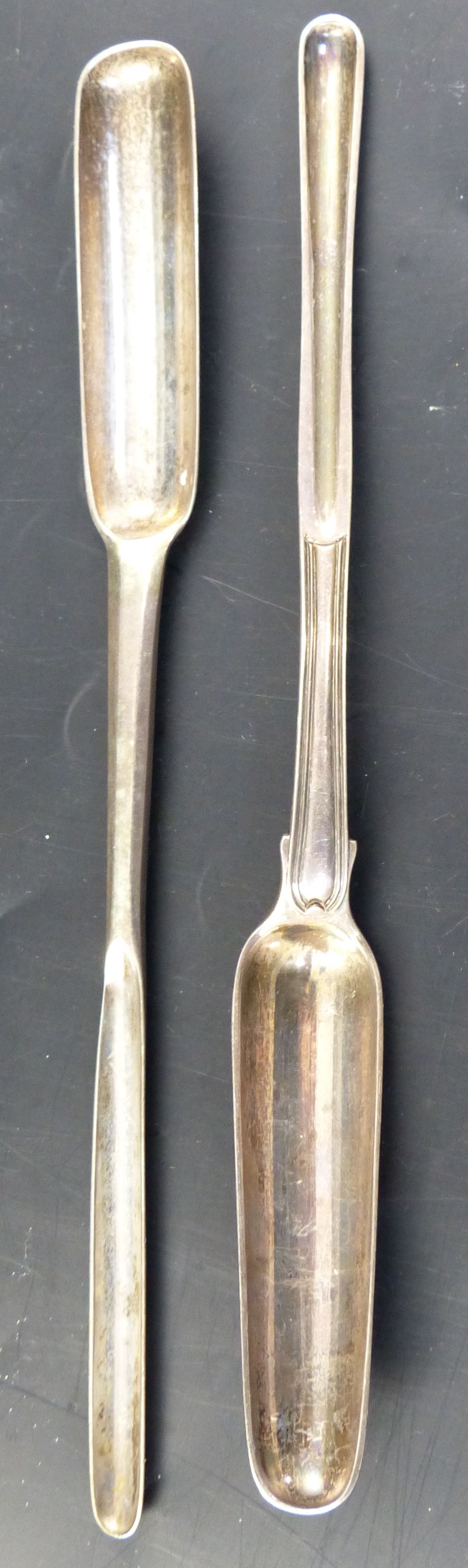 Two 19th century silver marrow scoops, thread pattern by Eley, Fearn & Chawner, London, 1808 and Chester, 1782
